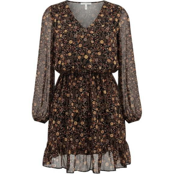 Evereve Dresses & Skirts - Evereve Floral Mini Dress Womens Small Black Orange Long Sleeve V-Neck